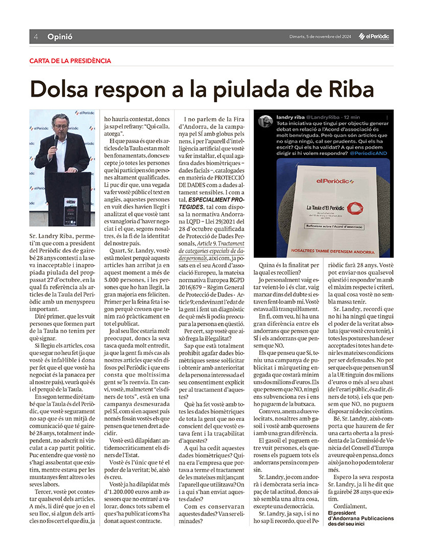 Carta de la Presidència: Dolsa respon a la piulada de Riba.