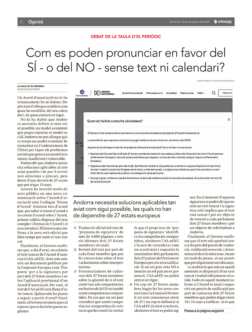 Opinió. La Taula d'el Periòdic: "Com es poden pronunciar en favor del  SÍ - o del NO - sense text ni calendari?"