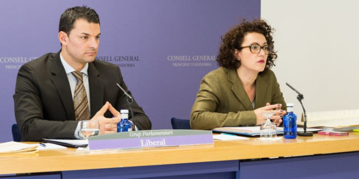 El president suplent del Grup Parlamentari Liberal, Jordi Gallardo, i la consellera liberal, Judith Pallarés, durant la roda de premsa, ahir.