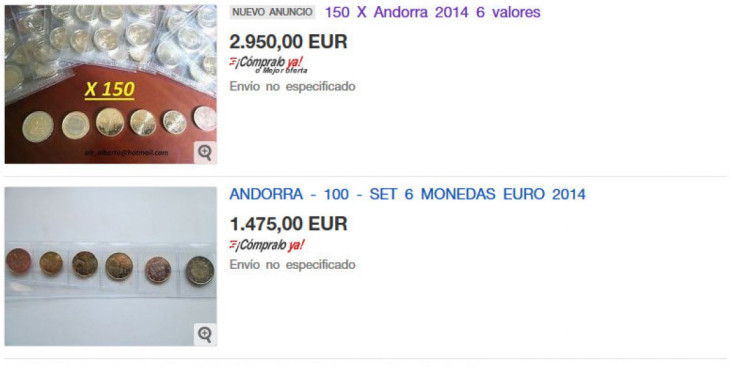 Euros andorrans en venda per internet, a la pàgina d’eBay.