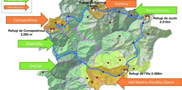 El mapa mostra els vedats de caça i els parcs naturals que travessa el Coronallacs.