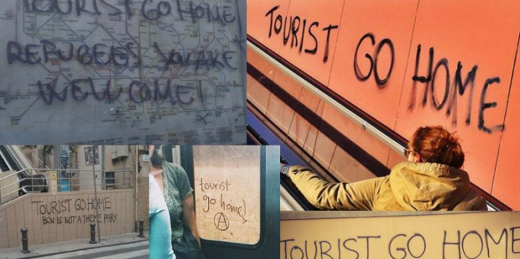 Diferents imatges on es veu el lema pintat als carrers de Barcelona.