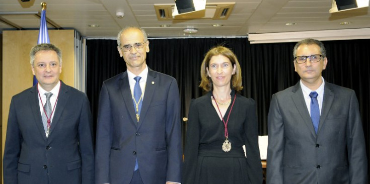 El ministre Saboya, el cap de Govern, la ministra Ubach i l’ambaixador Areny durant els actes de jurament d’ahir.