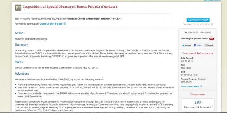 Pàgina ‘www.regulations.gov/#!documentDetail;D=FINCEN-2015-0002-0001’, sobre les mesures imposades respecte BPA a la NPRM.