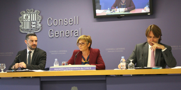 Marc Ballestà (membre suplent), Meritxell Palmitjavila (cap de delegació) i Carles Naudi (membre titular), han donat els detalls sobre la reunió de l'OSCE que se celebrarà a Andorra.