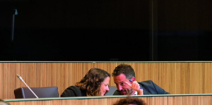 Els socialdemòcrates Rosa Gili i Pere López conversen durant una sessió al Consell General.