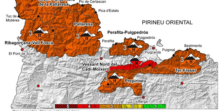 El mapa amb l’escala de perill d’allaus que hi ha als Pirineus.