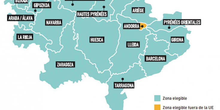 Mapa del territori del Programa Operatiu de Cooperació Territorial Espanya França Andorra 2014-2020.