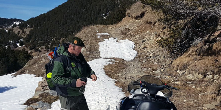 Un agent rural decomissa una moto de neu a Valls de Valira, dimarts.