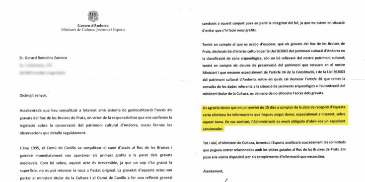 Reproducció de la carta certificada enviada per la Directora general de Cultura, Montserrat Planelles, a Gerard Remolins.