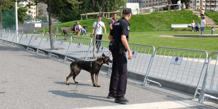 Un agent amb un gos policial.