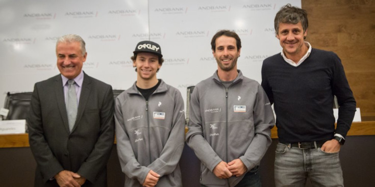 Josep M. Cabanes, Carles Aguareles, Josep Gil i Carles Visa a la seu d’Andbank durant la presentació de l’equip d’estil lliure, ahir.