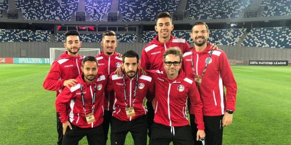 Els jugadors internacionals de l’FC Andorra abans del partit de la Lliga de les Nacions contra Kazakhstan.