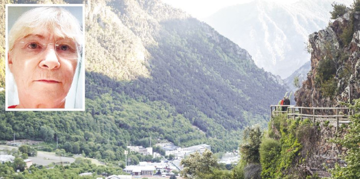 Una imatge de la dona desapareguda i la zona escarpada on va ser localitzat el cadàver, ahir.