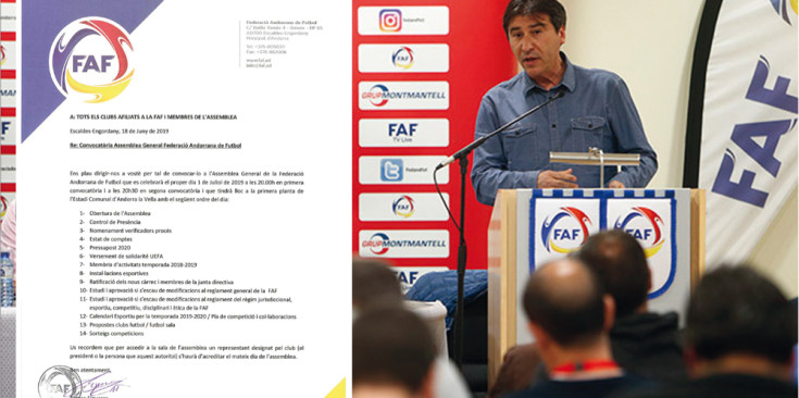 La convocatòria a l’Assemblea General de la FAF i Tomás Gea durant l’anterior assemblea.