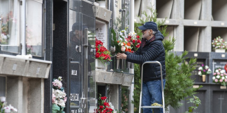 Un home s’enfila dalt d’una escala per decorar el nínxol de la família, ahir al cementiri nou de Santa Coloma.