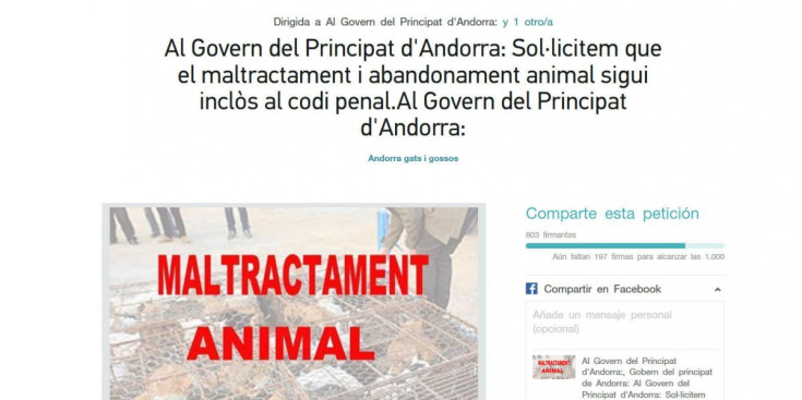 Pàgina de recollida de firmes per castigar mitjançant el codi penal el maltractament animal a Andorra.