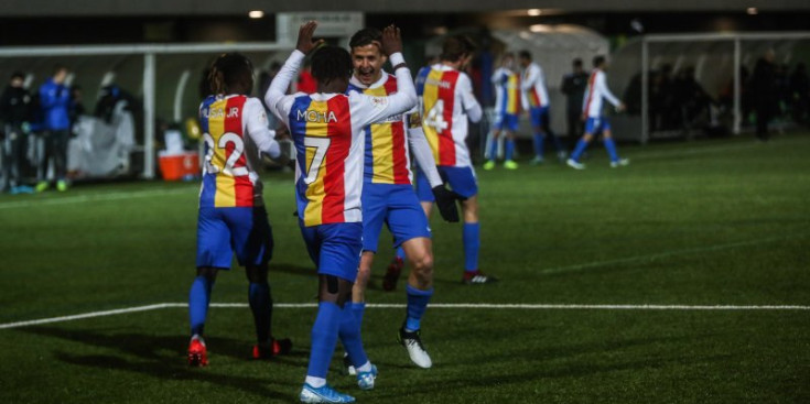 Els jugadors de l’FC Andorra celebren un gol contra el Leganés al Prada de Moles.