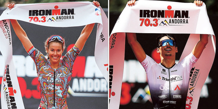 Ellie Salthouse i Clément Mignon creuen la meta de l’Ironman 70.3 Andorra.