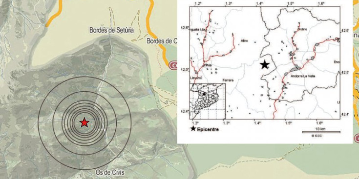 Dues de les cartes publicades al Twitter d’Andorra Recerca i Innovació que indiquen l’epicentre del sisme.