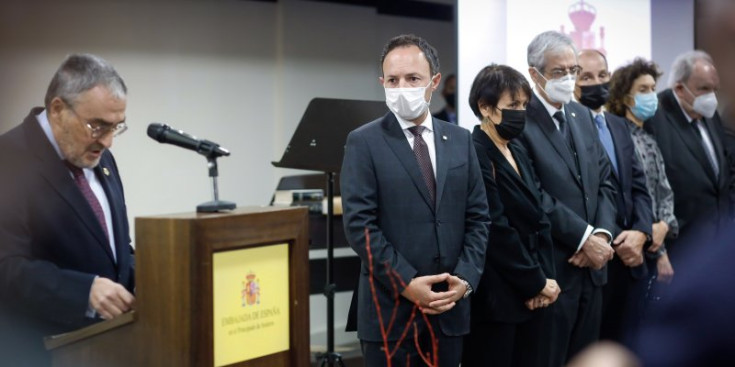 Un instant del discurs d’Àngel Ros en la recepció a l’Ambaixada d’Espanya amb motiu de la festa nacional espayola.