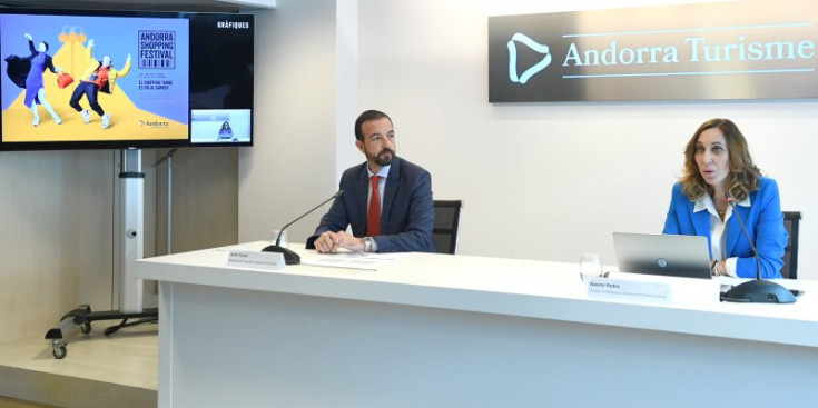 Torres i Pedra en la roda de premsa per a la presentació de la nova edició de l’Andorra Shopping Festival, ahir.