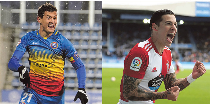 Rubén Bover (esquerra) i Santi Mina (dreta) celebren un gol amb l’FC Andorra i el RC Celta de Vigo, respectivament.