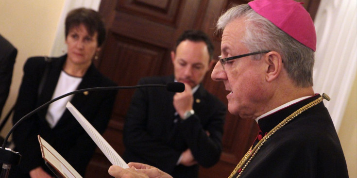 El copríncep episcopal, Joan-Enric Vives, durant un parlament al Palau Episcopal de la Seu d'Urgell.