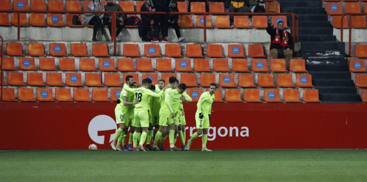 Els jugadors de l’FC Andorra celebren un gol en el partit d’ahir.