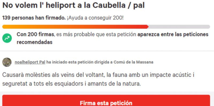 Una captura d’imatge de la petició contra l’heliport al Pla de la Caubella.