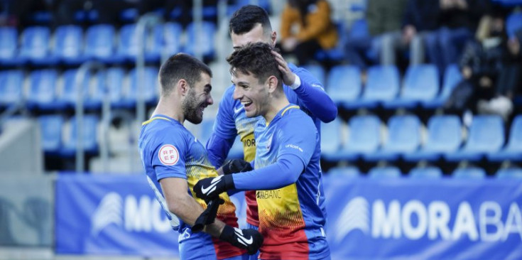 Els jugadors de l’FC Andorra celebren un gol aquesta temporada, en un partit a l’Estadi Nacional.