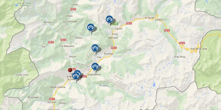 Mapa on se situen els punts per a la practica de sexe a l'aire lliure, a Andorra.