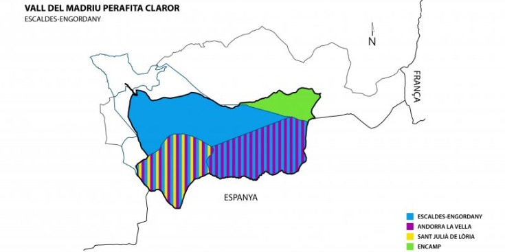 Mapa de la zona de la vall del Madriu-Perafita-Claror amb la delimitació de competències de cada comú.