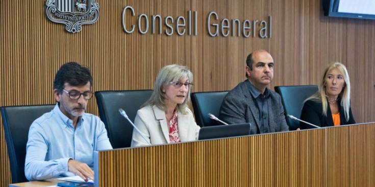 Jordi Cinca, Montserrat Capdevila, David Montané i Sandra Codina durant la compareixença del Consell General, ahir.