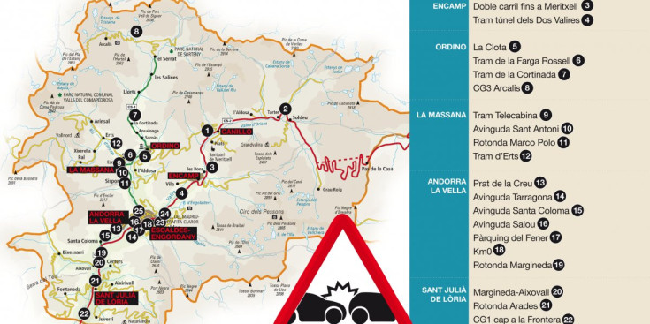 Mapa amb els 25 punts negres detectats per l'Automòbil Club d'Andorra.