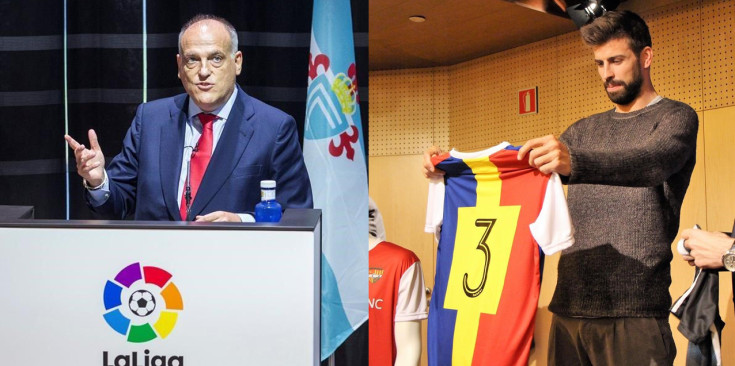 A l’esquerra, Javier Tebas durant una compareixença. A la dreta, Gerard Piqué durant l’acte de presentació com a nou mandatari de l’FC Andorra.