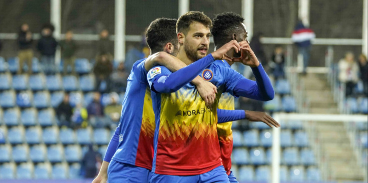 Bakis celebrant el seu i darrer gol de l’FC Andorra en la victòria per 3-1 sobre l’Oviedo al Nacional, al gener.