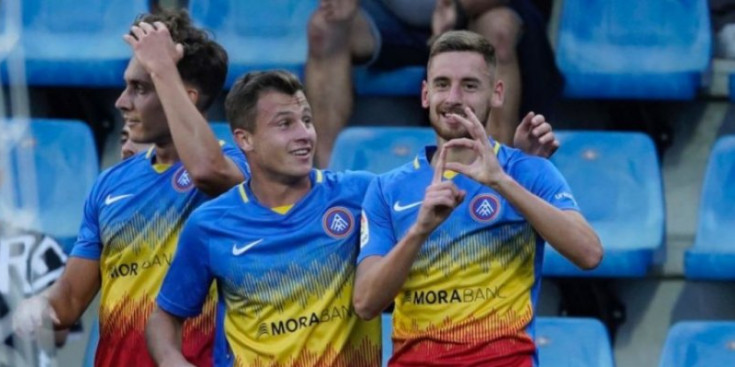 Els jugadors del FC Andorra en la celebració d’un gol.