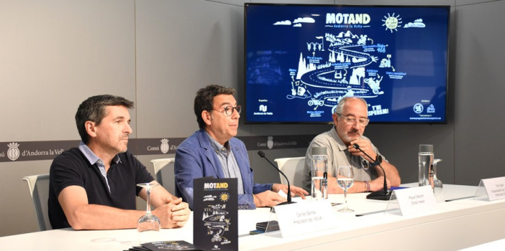 Carles Sansa, Miquel Canturri i Toni Soler, ahir a la presentació de Motand al Centre de Congressos d’Andorra la Vella.