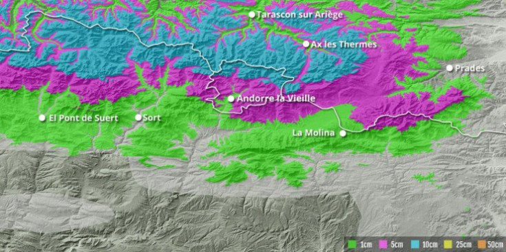 Mapa de detall dels Pirineus Orientals de Ski Pass, on es registren les previsions de neu del cap de setmana.