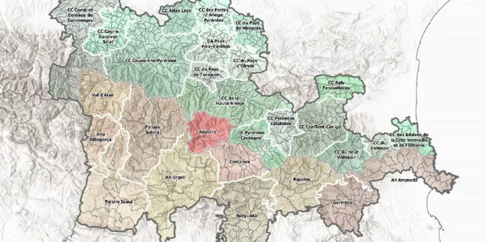 Mapa del territori de l'Àrea Funcional de Muntanya Est del programa Interreg Poctefa.