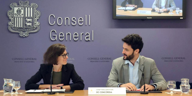 El president i la consellera general del Grup Parlamentari de Concòrdia, Cerni Escalé i Núria Segués, durant la roda de premsa d'avui.