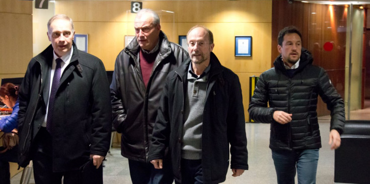 D’esquerra a dreta, el conseller Josep Pintat (LdA), Miquel Aleix (DA), Víctor Naudi (SDP) i Pere López (PS), sortint d’una reunió amb el cap de Govern sobre BPA el març passat.