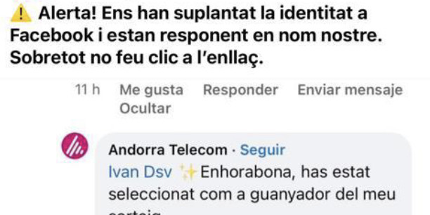 Captura de pantalla de la publicació d'alerta d'Andorra Telecom.