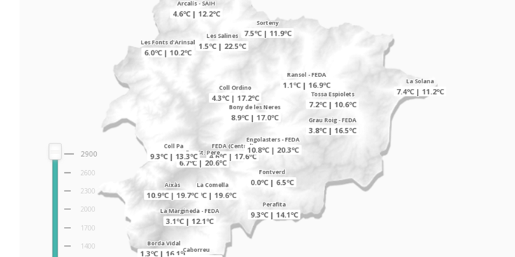 El mapa de temperatures mínimes i màximes registrat aquest dijous.