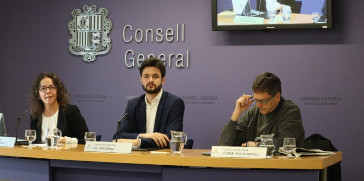 Els presidents dels grups parlamentaris de Concòrdia i socialdemòcrata i el conseller general no adscrit Víctor Pintos, durant la roda de premsa.