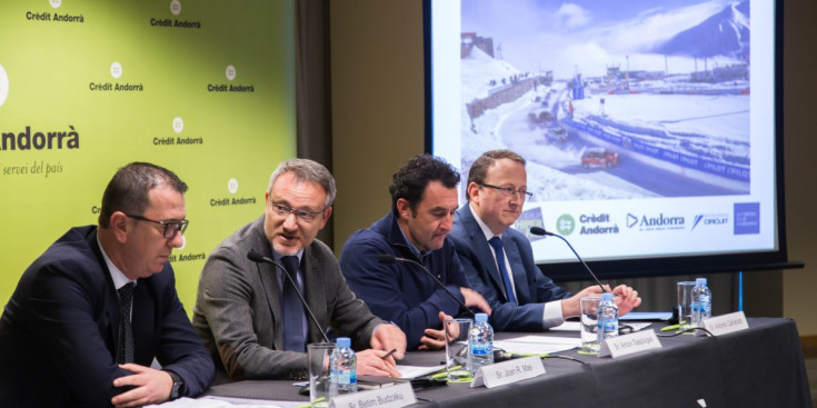 D’esquerra a dreta, Betim Budzaku, Joan Mas, Antoni Sasplugas i Antonio Cañabate, en la presentació de l’Andros realitzada ahir a Crèdit Andorrà.