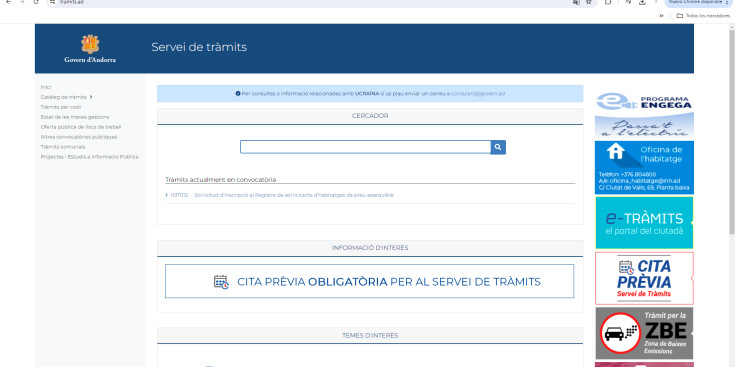 Portal del servei de tràmits al web del Govern d’Andorra.