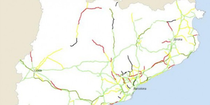 Mapa de risc de les carreteres: les negres són les més perilloses, seguides de les vermelles i grogues.