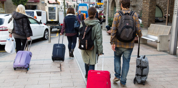 Un grup de turistes es passegen amb les maletes pel país.